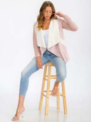 WOMEN'S LONG SLEEVE OPEN FRONT POCKETS SHERPA CARDIGAN