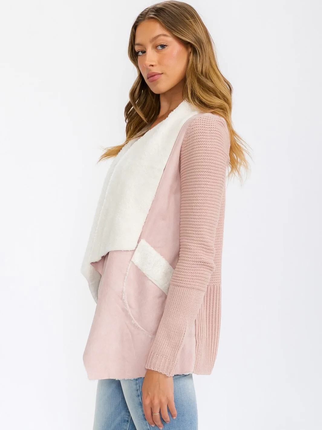 WOMEN'S LONG SLEEVE OPEN FRONT POCKETS SHERPA CARDIGAN