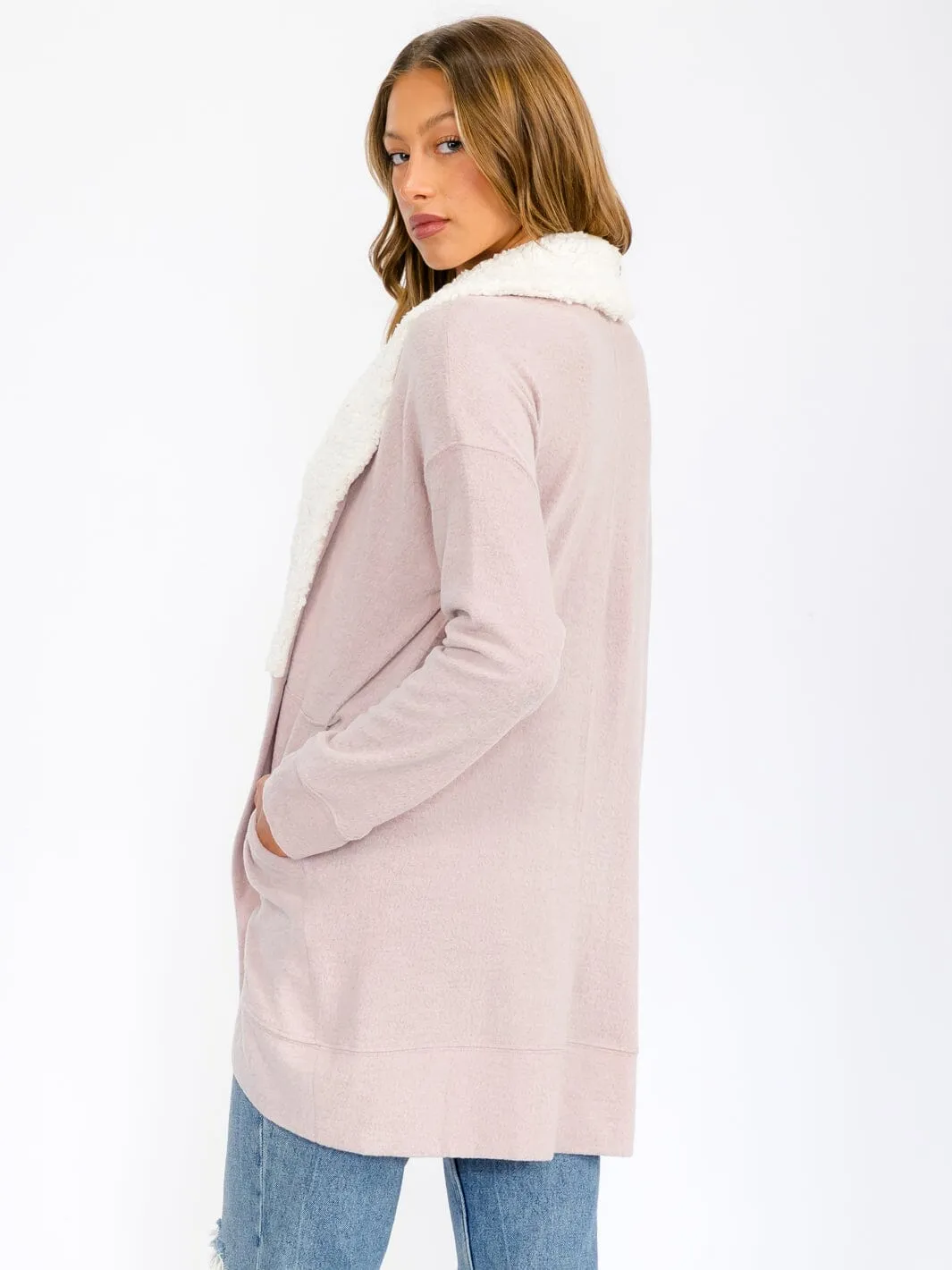 WOMEN'S LONG SLEEVE OPEN FRONT POCKETS SHERPA COLLAR CARDIGAN