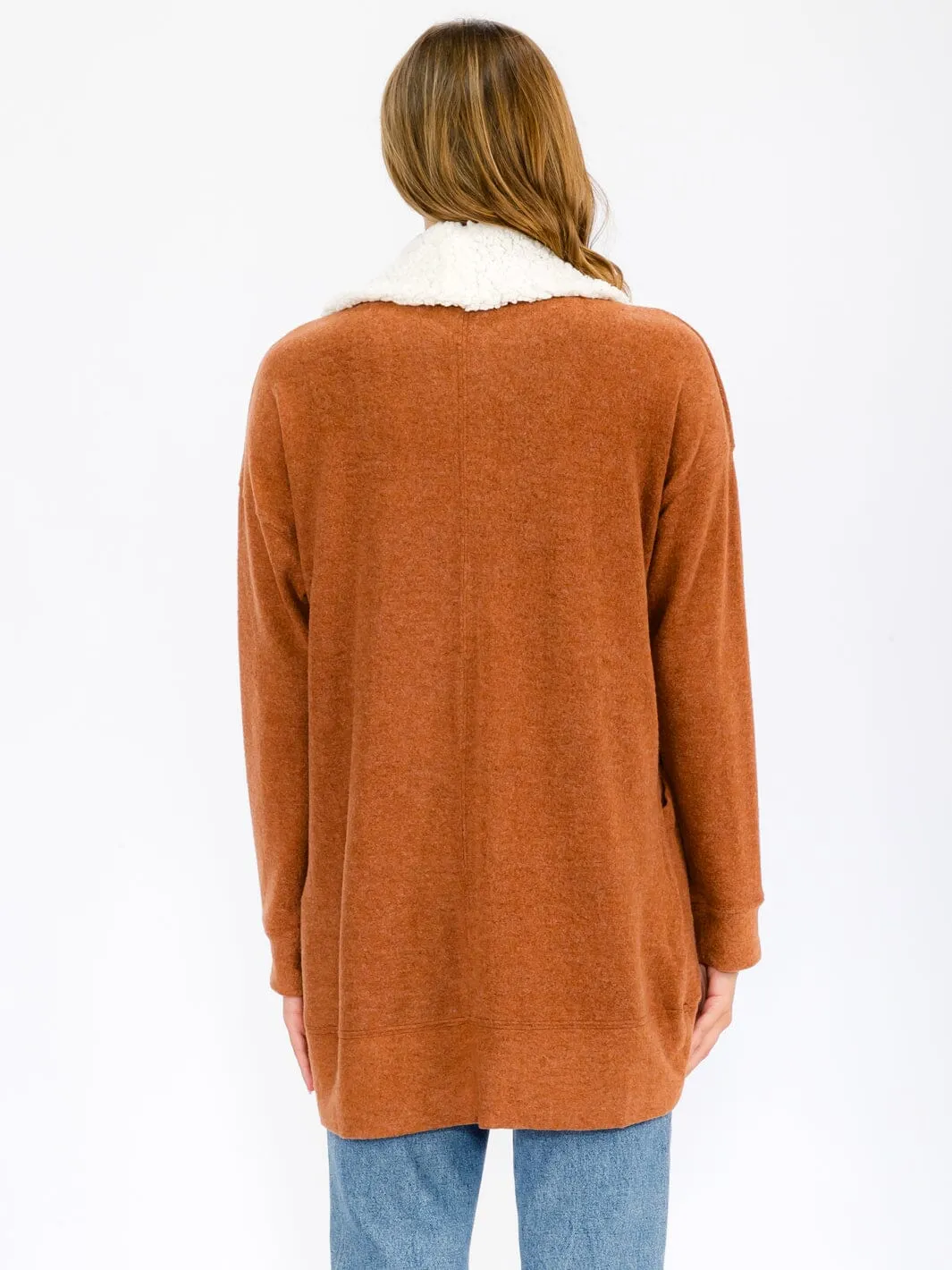 WOMEN'S LONG SLEEVE OPEN FRONT POCKETS SHERPA COLLAR CARDIGAN