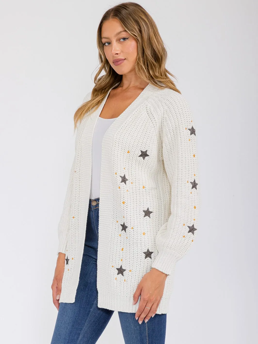 WOMEN'S LONG SLEEVE OPEN FRONT STARS PRINT CARDIGAN