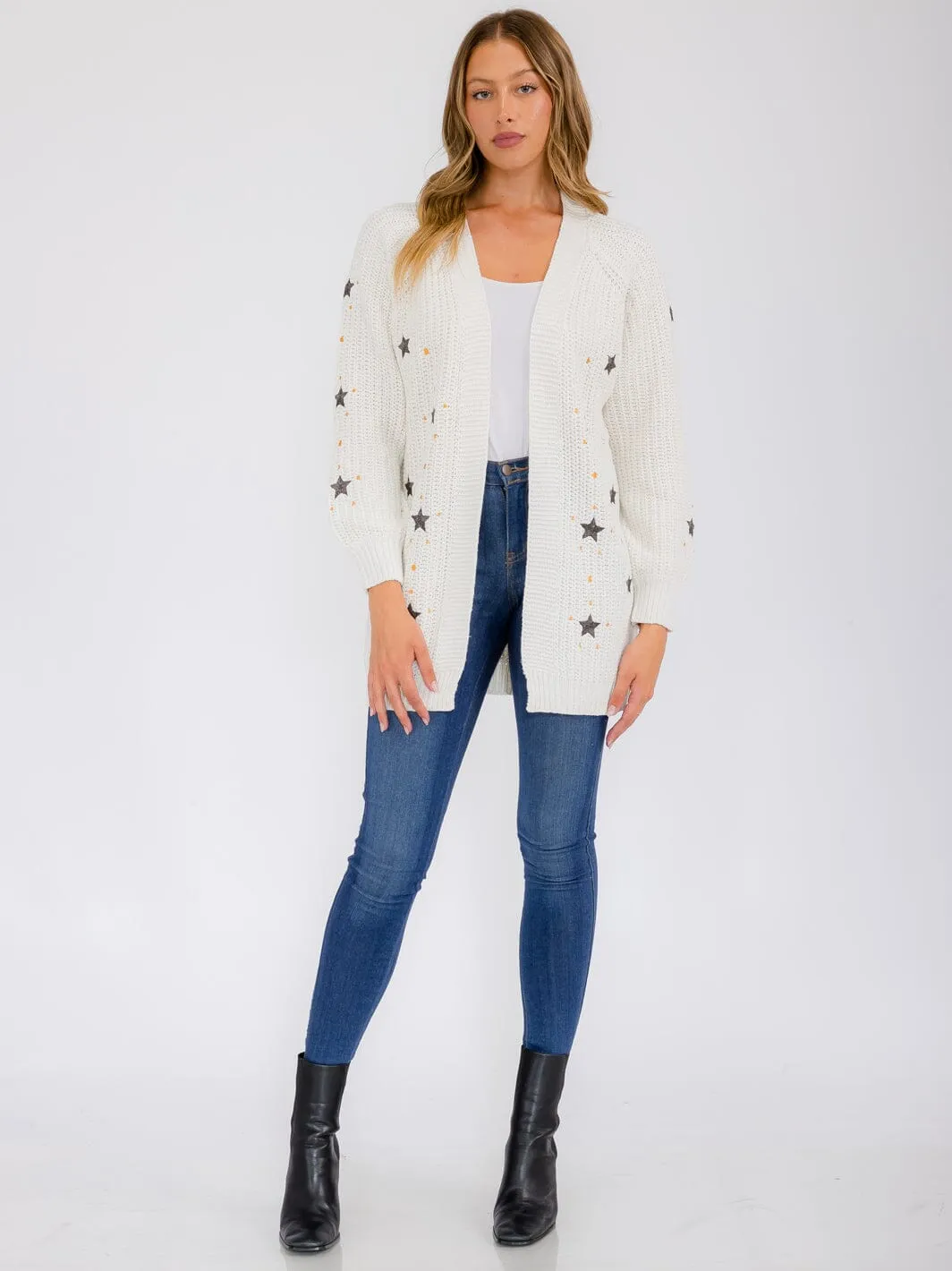 WOMEN'S LONG SLEEVE OPEN FRONT STARS PRINT CARDIGAN