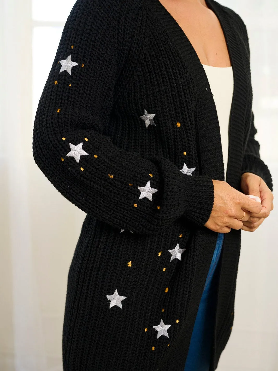 WOMEN'S LONG SLEEVE OPEN FRONT STARS PRINT CARDIGAN