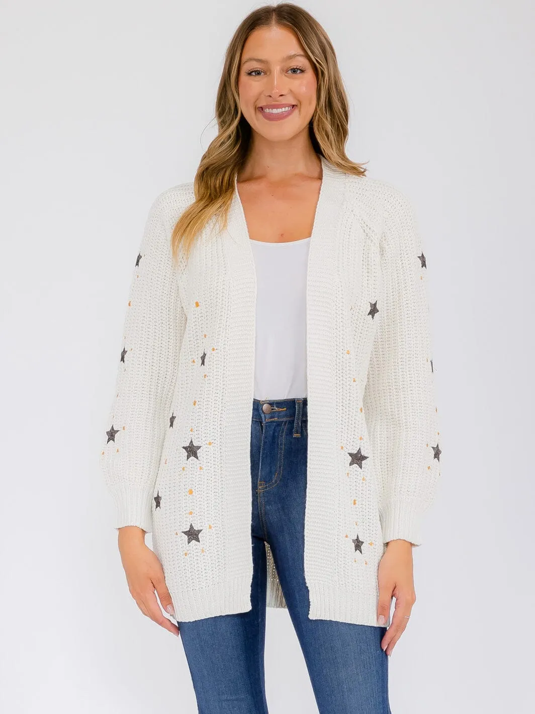 WOMEN'S LONG SLEEVE OPEN FRONT STARS PRINT CARDIGAN