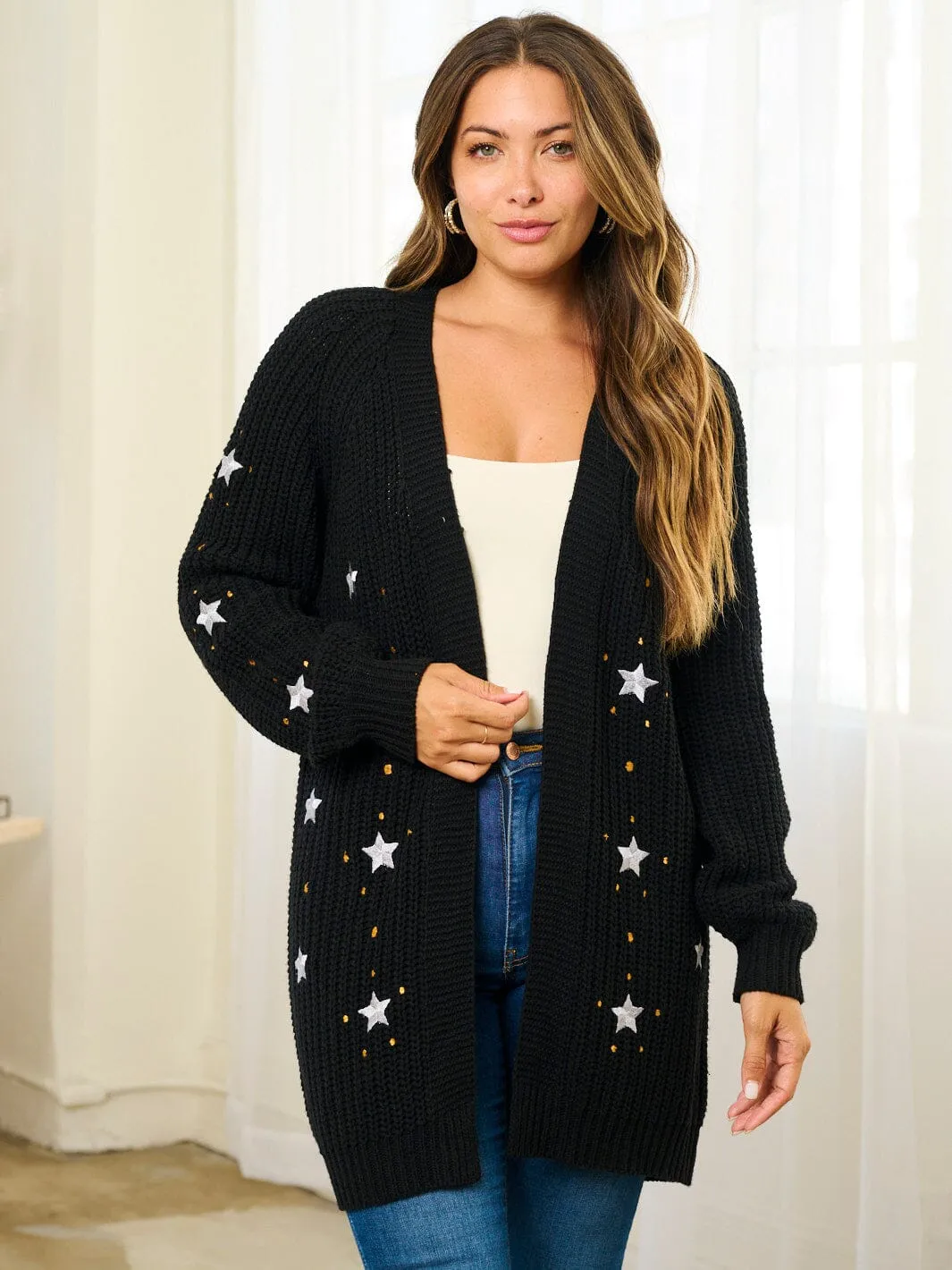 WOMEN'S LONG SLEEVE OPEN FRONT STARS PRINT CARDIGAN