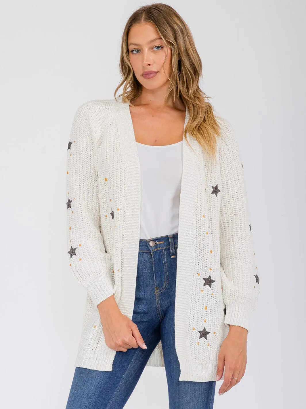 WOMEN'S LONG SLEEVE OPEN FRONT STARS PRINT CARDIGAN