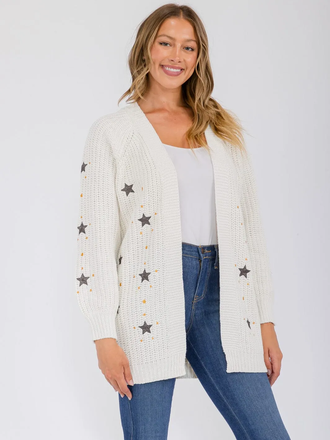 WOMEN'S LONG SLEEVE OPEN FRONT STARS PRINT CARDIGAN