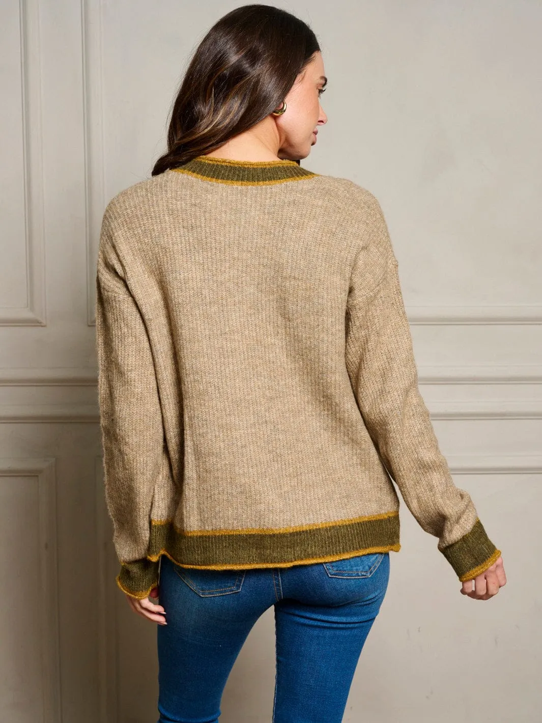 WOMEN'S LONG SLEEVE POCKETS BUTTON UP COLORBLOCK SWEATER CARDIGAN