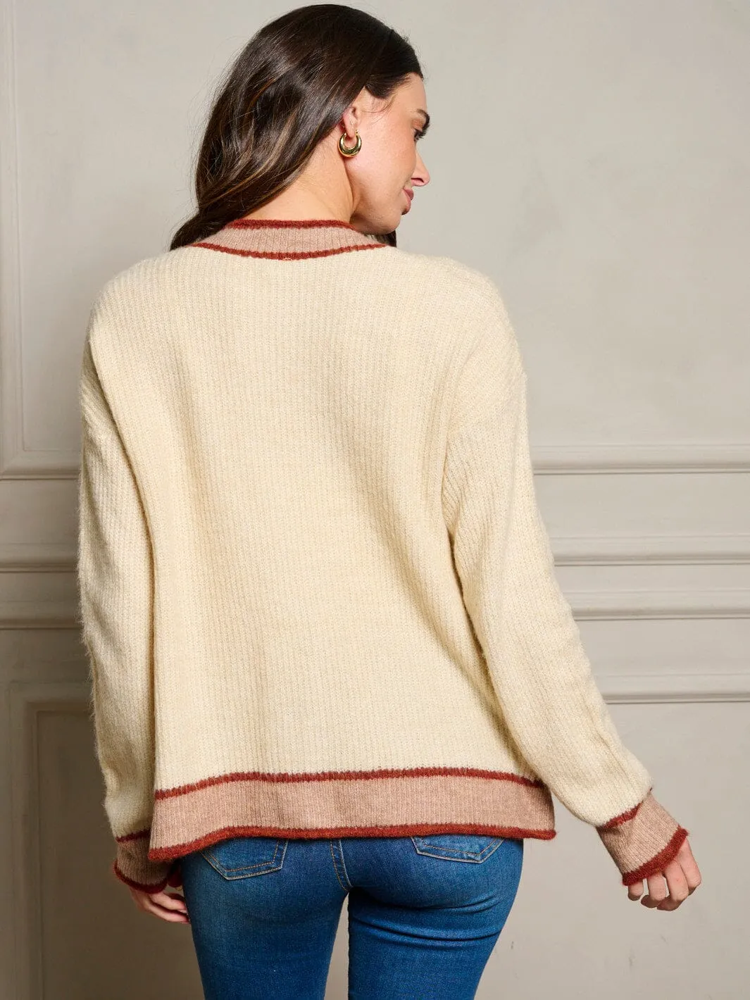 WOMEN'S LONG SLEEVE POCKETS BUTTON UP COLORBLOCK SWEATER CARDIGAN