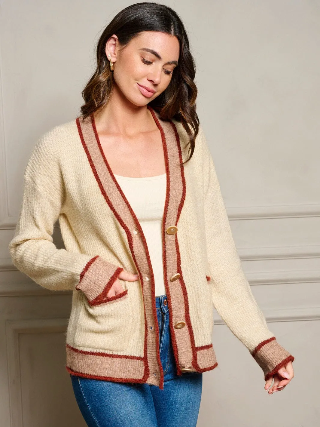 WOMEN'S LONG SLEEVE POCKETS BUTTON UP COLORBLOCK SWEATER CARDIGAN