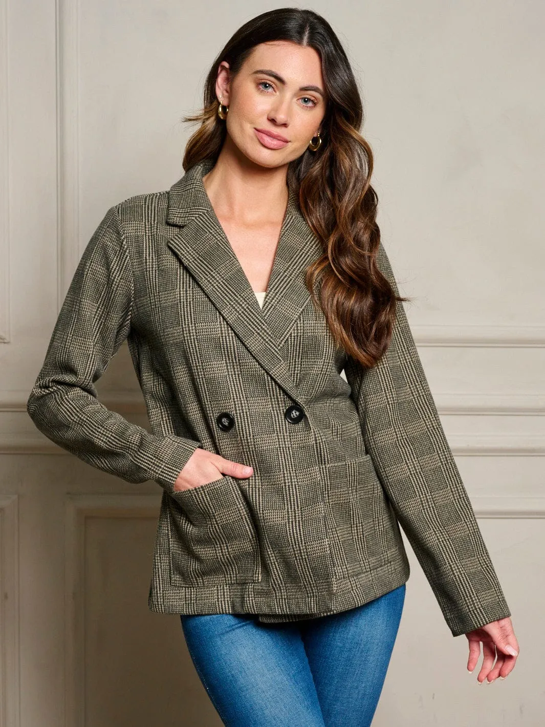 WOMEN'S LONG SLEEVE POCKETS BUTTON UP PLAID BLAZER