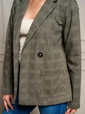 WOMEN'S LONG SLEEVE POCKETS BUTTON UP PLAID BLAZER