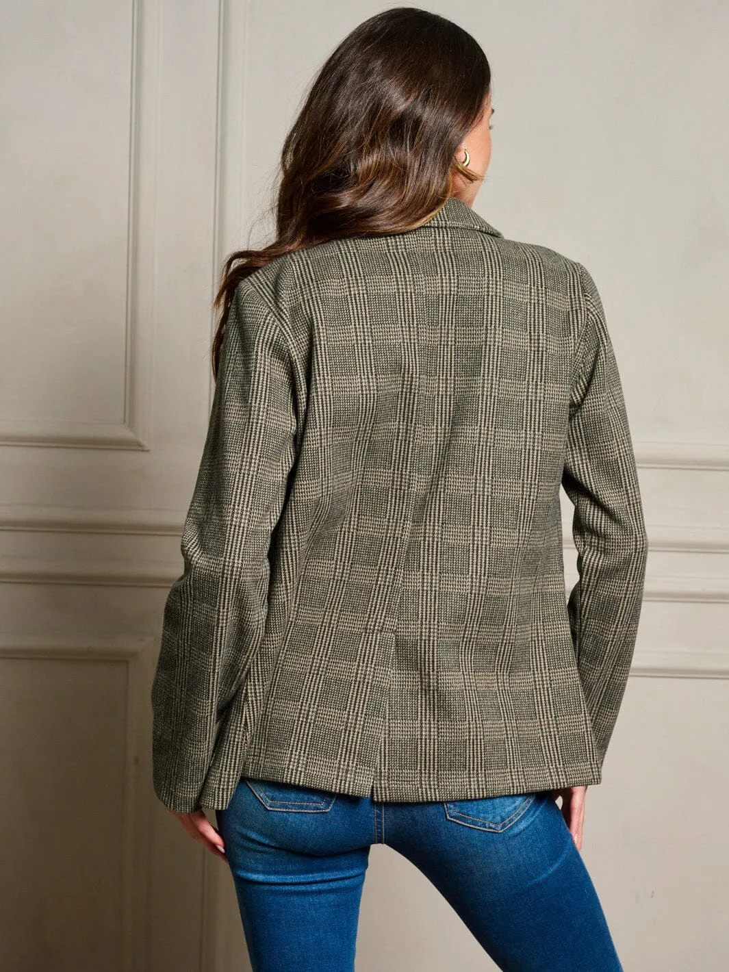 WOMEN'S LONG SLEEVE POCKETS BUTTON UP PLAID BLAZER