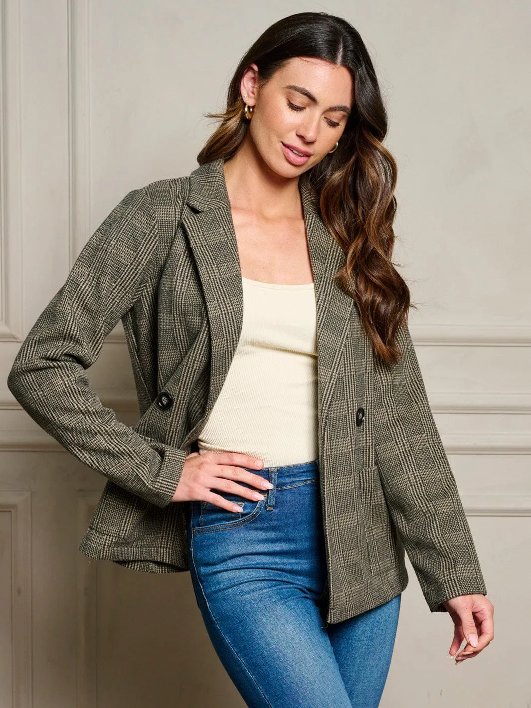 WOMEN'S LONG SLEEVE POCKETS BUTTON UP PLAID BLAZER