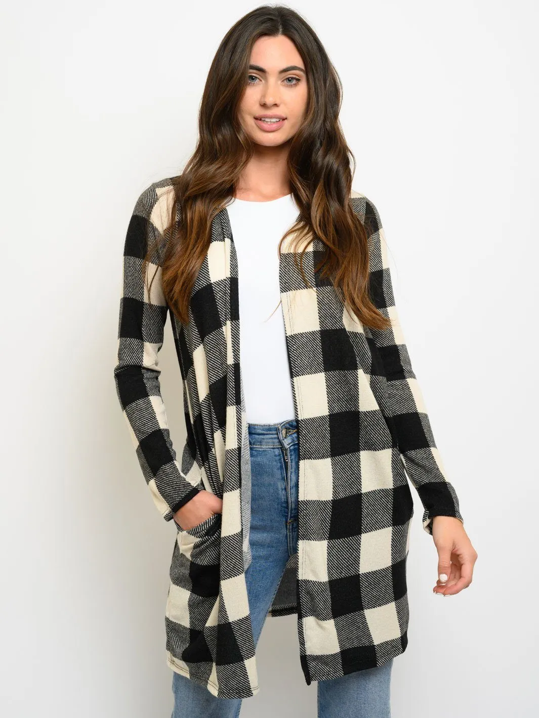 WOMEN'S LONG SLEEVE POCKETS PLAID LONG CARDIGAN