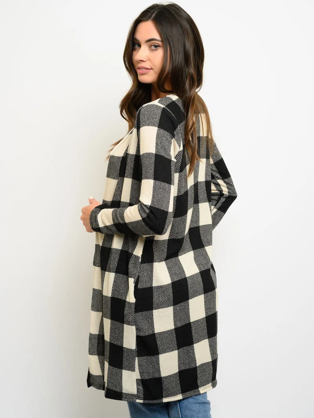 WOMEN'S LONG SLEEVE POCKETS PLAID LONG CARDIGAN