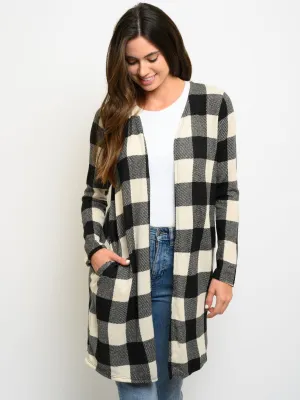 WOMEN'S LONG SLEEVE POCKETS PLAID LONG CARDIGAN