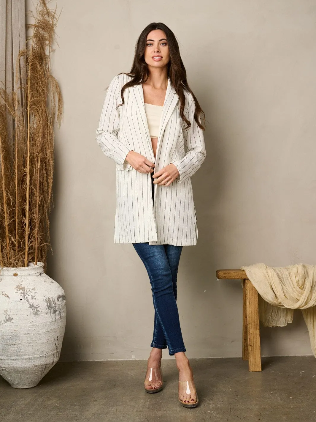 WOMEN'S LONG SLEEVE RUFFLE OPEN FRONT STRIPES BLAZER