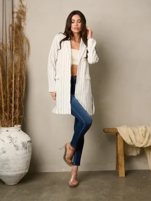 WOMEN'S LONG SLEEVE RUFFLE OPEN FRONT STRIPES BLAZER