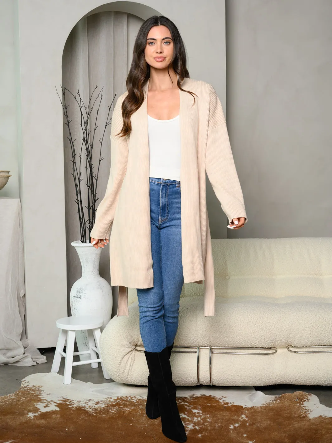 WOMEN'S LONG SLEEVE SELF TIE OPEN CARDIGAN