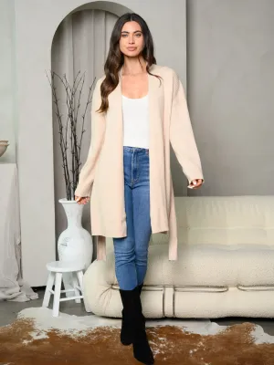 WOMEN'S LONG SLEEVE SELF TIE OPEN CARDIGAN