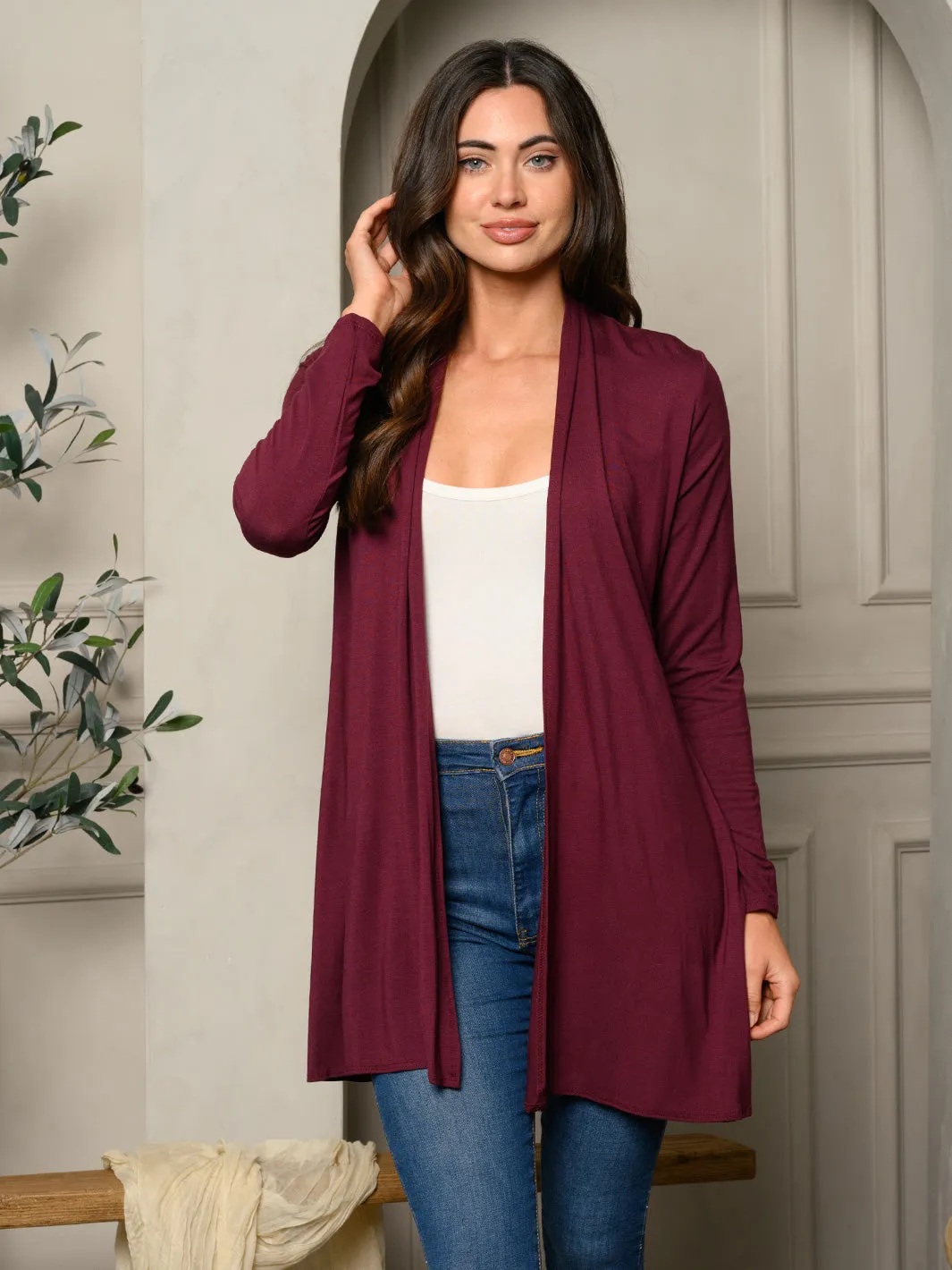 WOMEN'S LONG SLEEVE SOLID OPEN CARDIGAN
