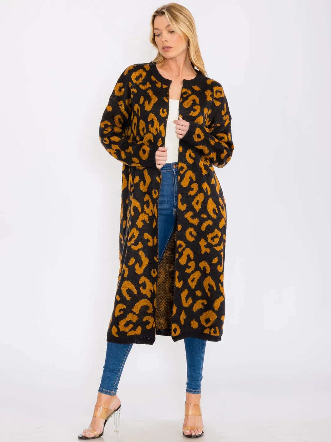 WOMEN'S LONG SLEEVES OPEN ANIMAL PRINT CARDIGAN