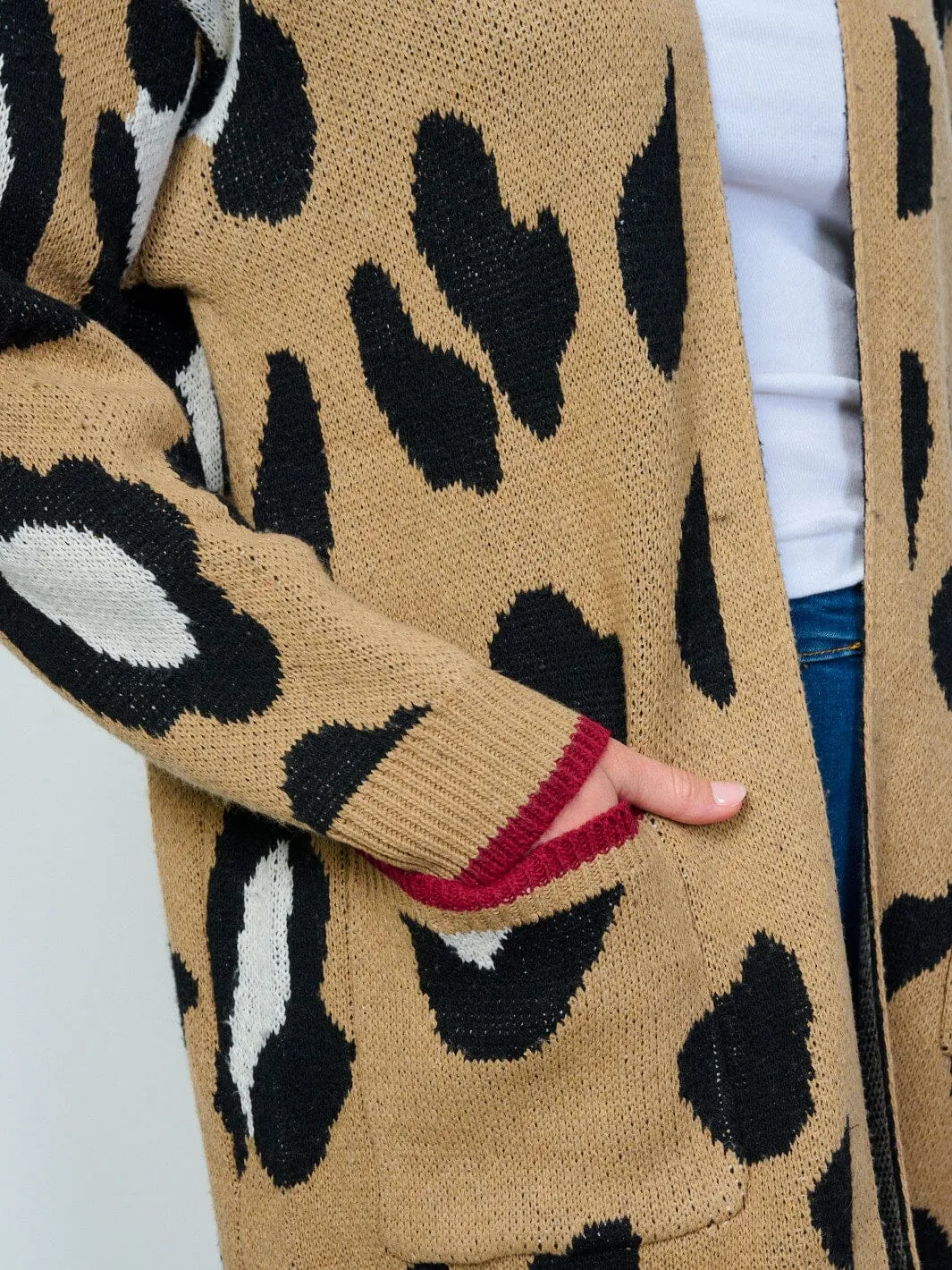 WOMEN'S LONG SLEEVES OPEN FRONT POCKETS ANIMAL PRINT CARDIGAN