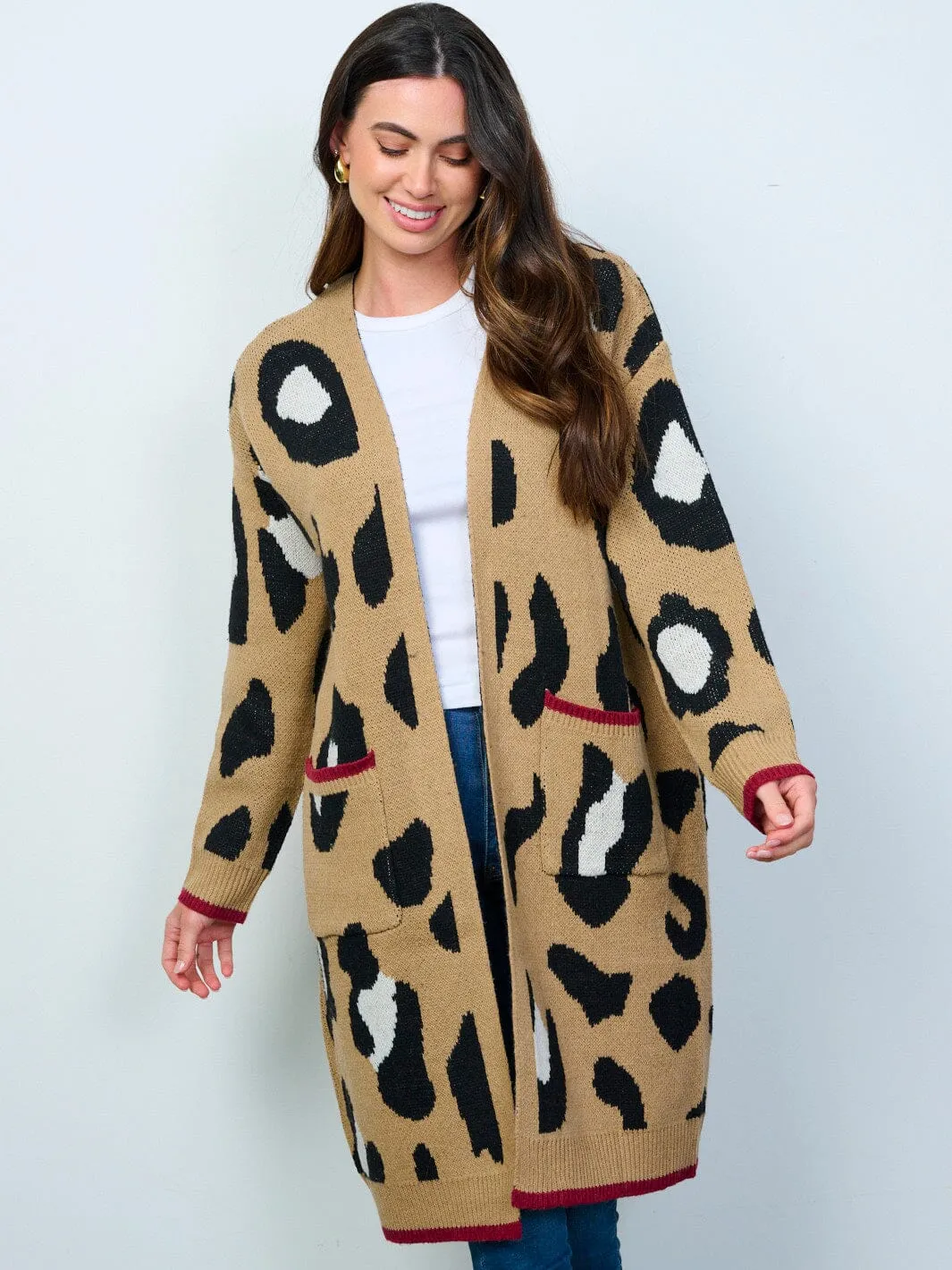 WOMEN'S LONG SLEEVES OPEN FRONT POCKETS ANIMAL PRINT CARDIGAN
