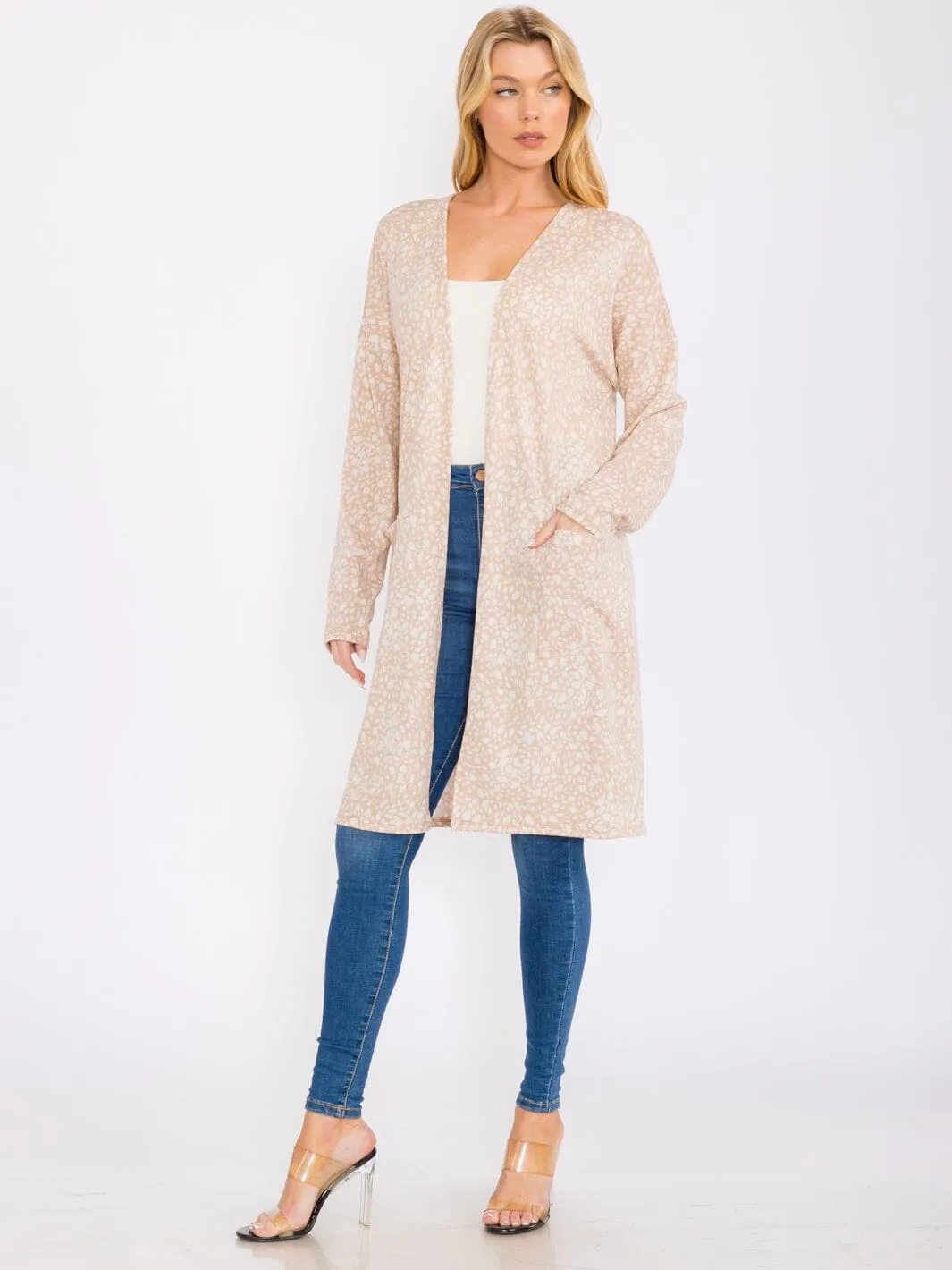 WOMEN'S LONG SLEEVES OPEN FRONT POCKETS ANIMAL PRINT CARDIGAN