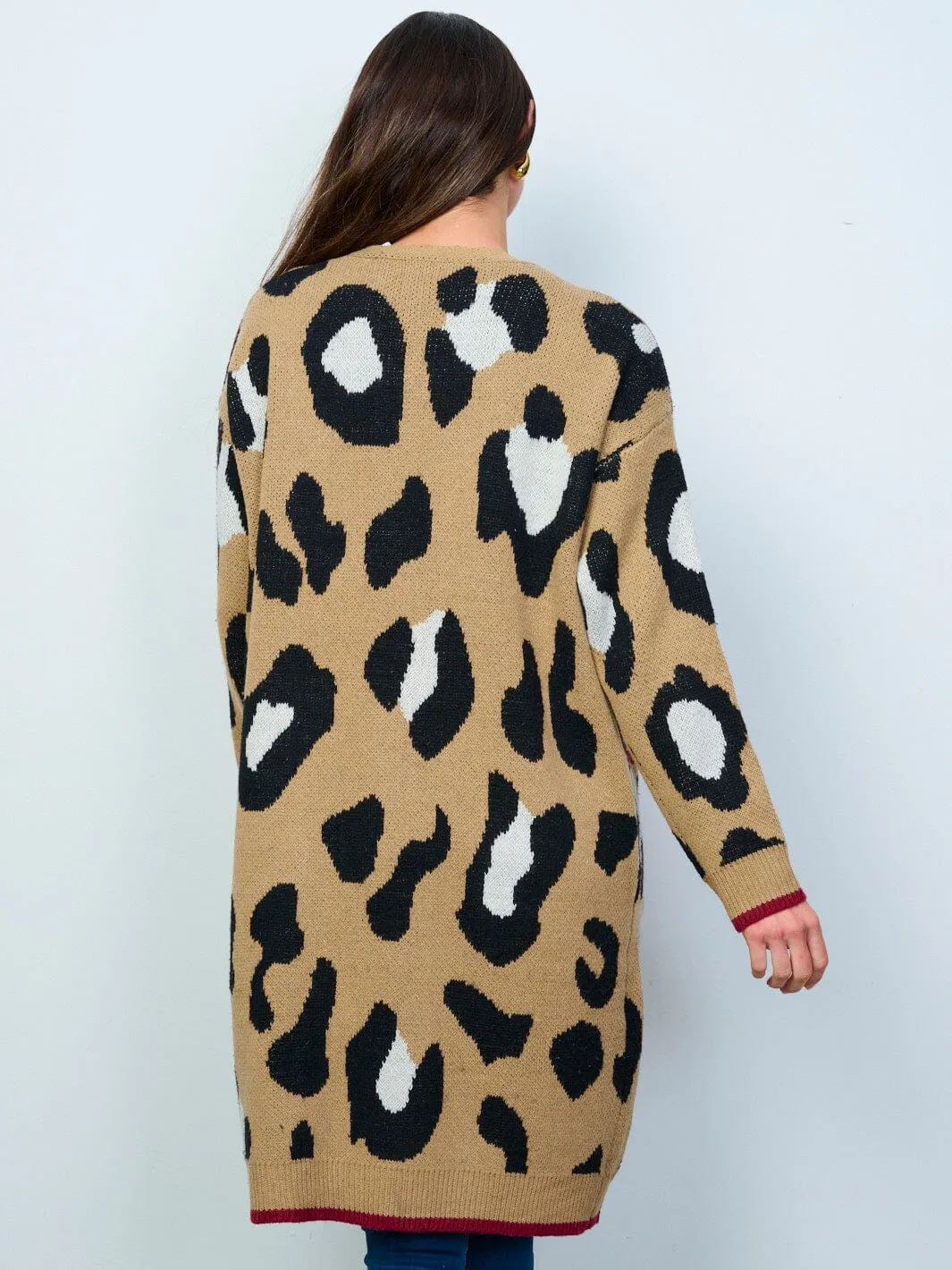 WOMEN'S LONG SLEEVES OPEN FRONT POCKETS ANIMAL PRINT CARDIGAN