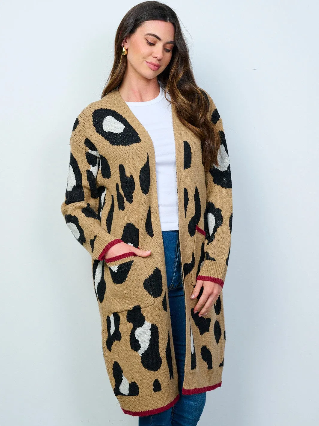 WOMEN'S LONG SLEEVES OPEN FRONT POCKETS ANIMAL PRINT CARDIGAN