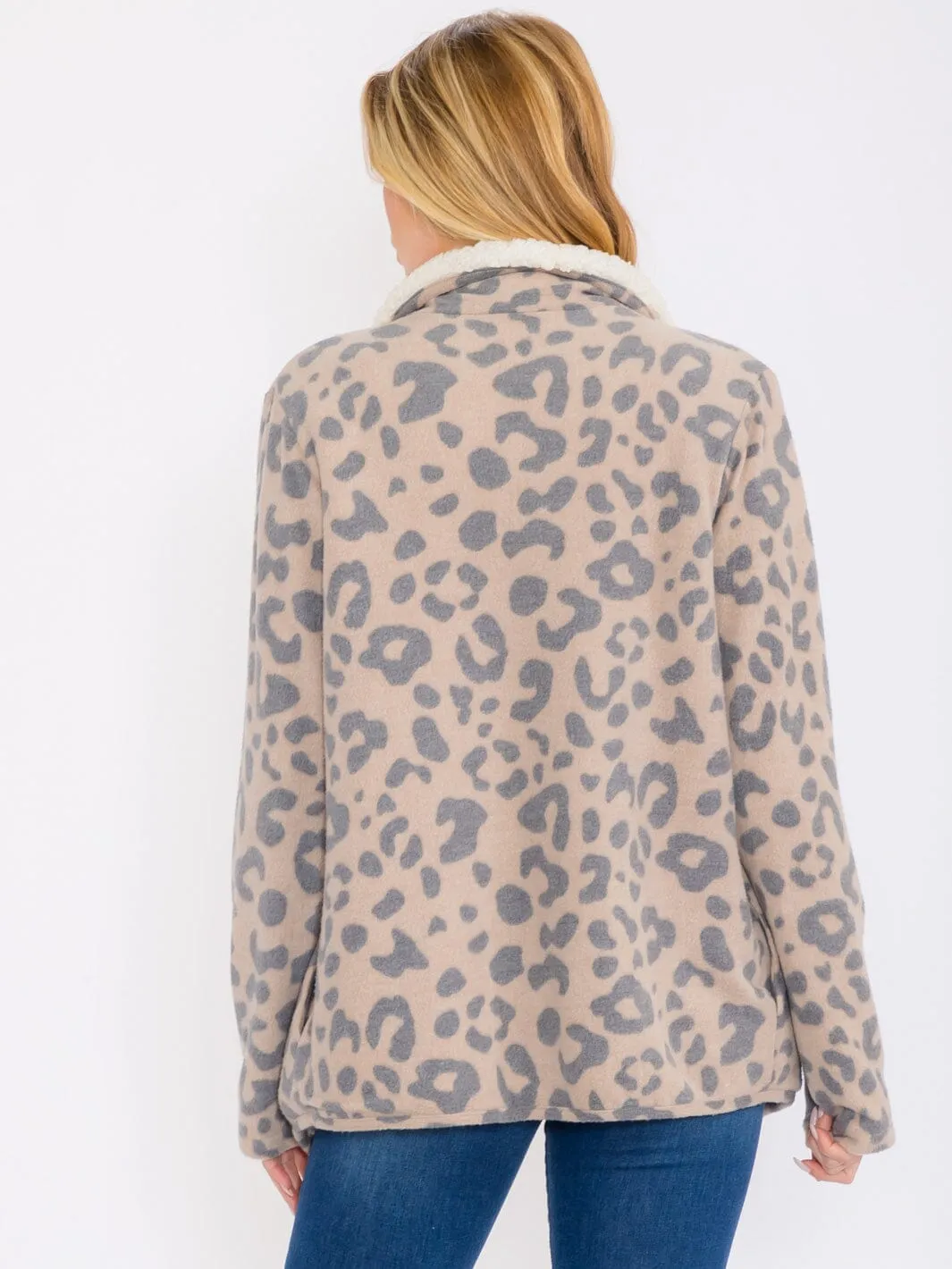 WOMEN'S LONG SLEEVES OPEN FRONT POCKETS ANIMAL PRINT SHERPA CARDIGAN
