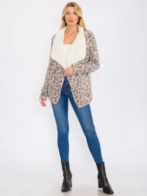 WOMEN'S LONG SLEEVES OPEN FRONT POCKETS ANIMAL PRINT SHERPA CARDIGAN