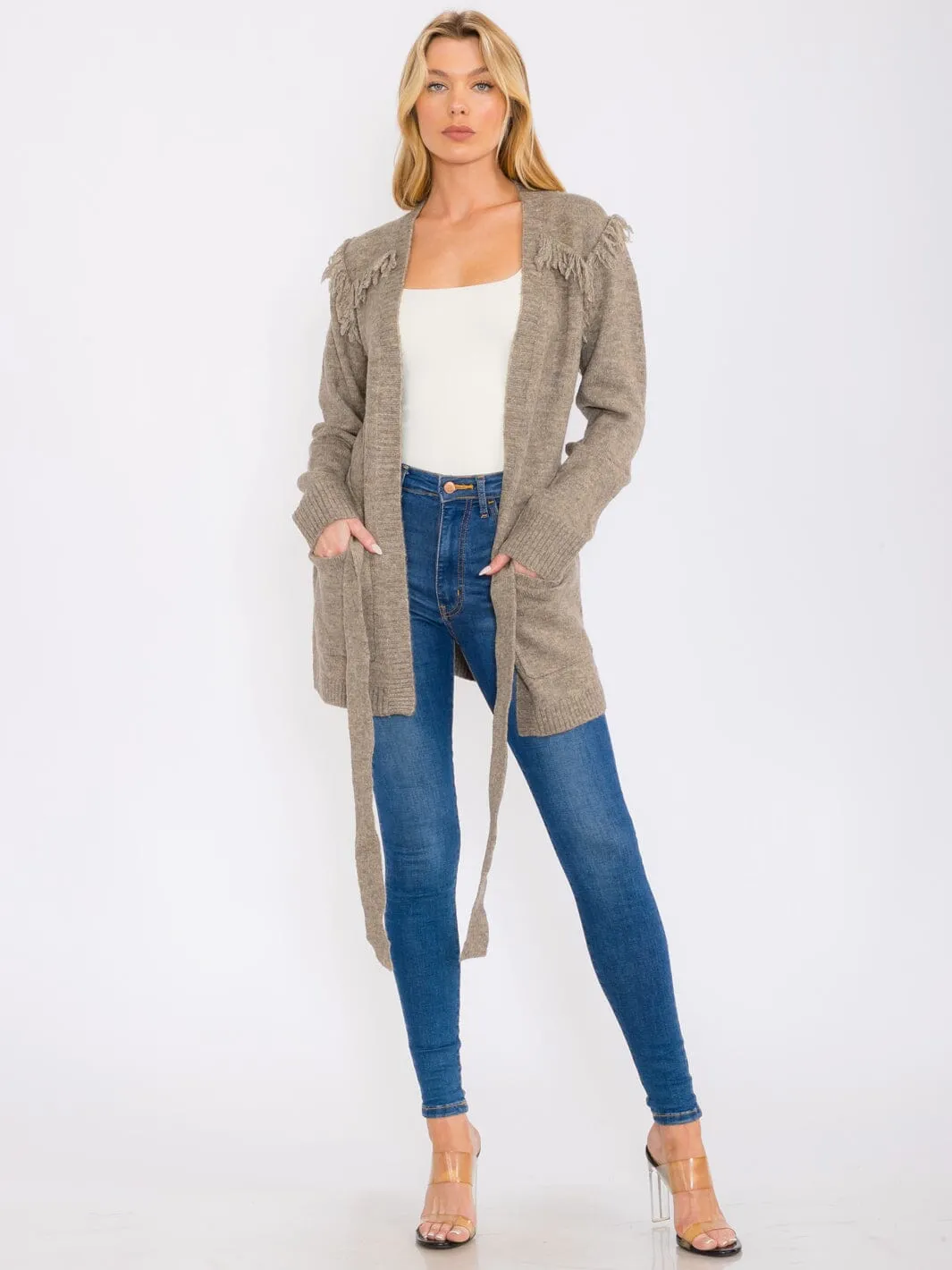 WOMEN'S LONG SLEEVES TRIM FRINGE OPEN FRONT SELF TIE POCKETS CARDIGAN