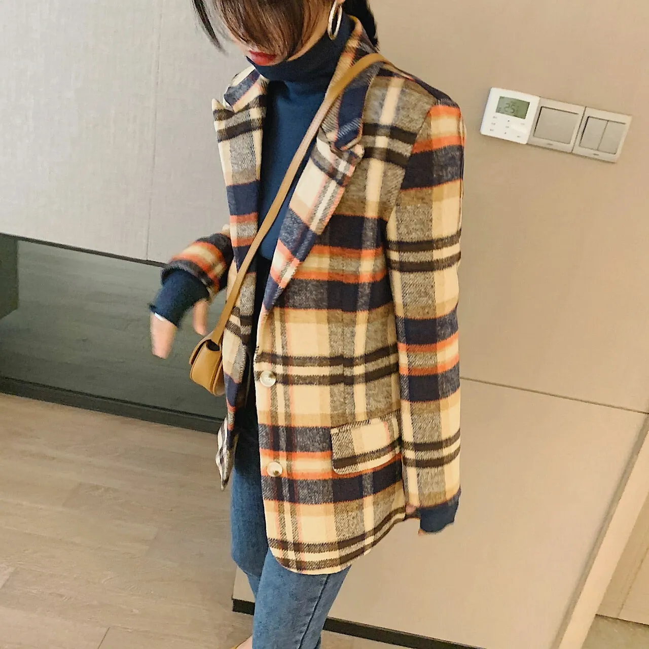 Women's Plaid Wool Tweed Blazers  Winter Jackets