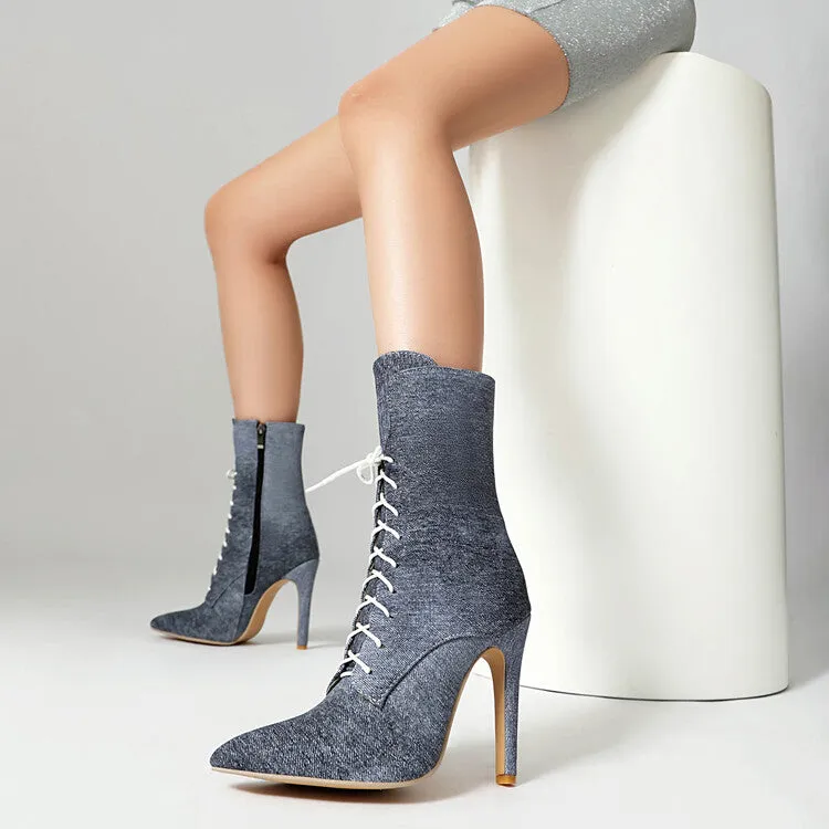 Women's Pointed Toe Lace-up High Heel Ankle Boots