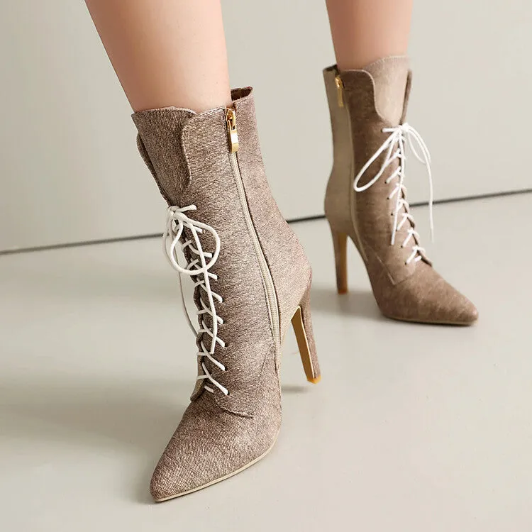 Women's Pointed Toe Lace-up High Heel Ankle Boots