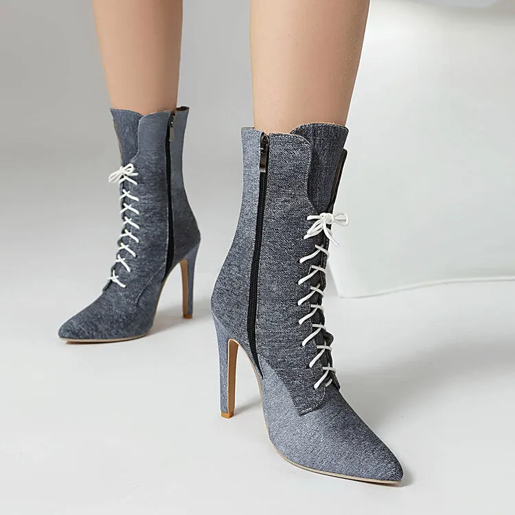 Women's Pointed Toe Lace-up High Heel Ankle Boots