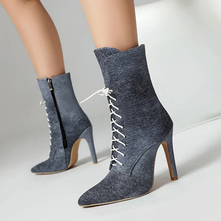Women's Pointed Toe Lace-up High Heel Ankle Boots