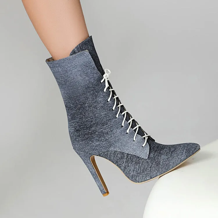 Women's Pointed Toe Lace-up High Heel Ankle Boots