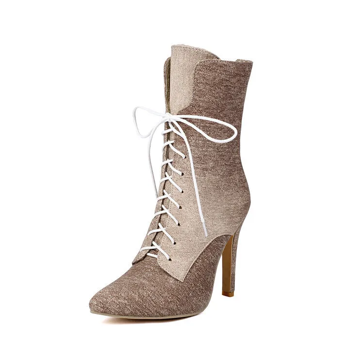 Women's Pointed Toe Lace-up High Heel Ankle Boots