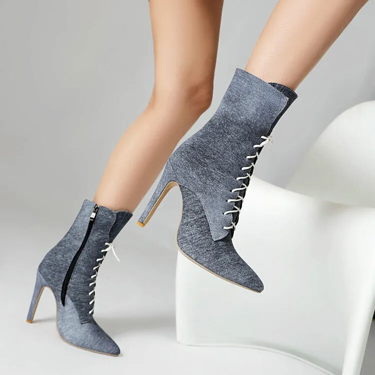 Women's Pointed Toe Lace-up High Heel Ankle Boots