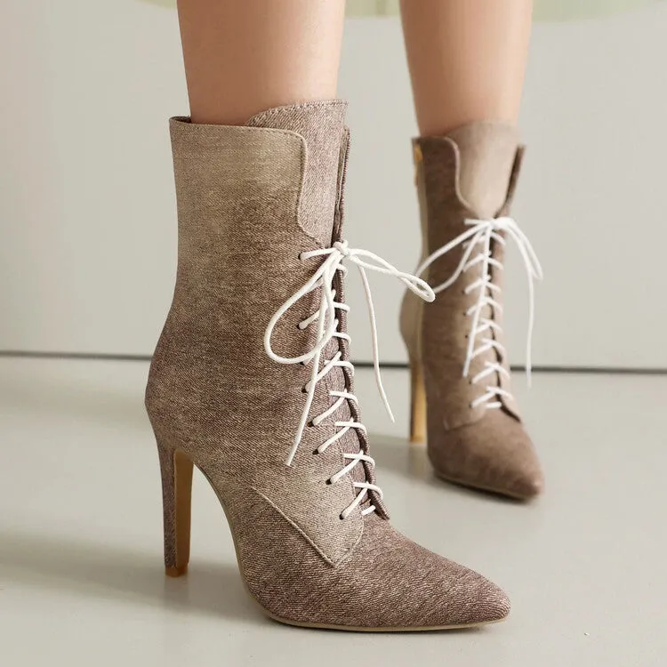 Women's Pointed Toe Lace-up High Heel Ankle Boots