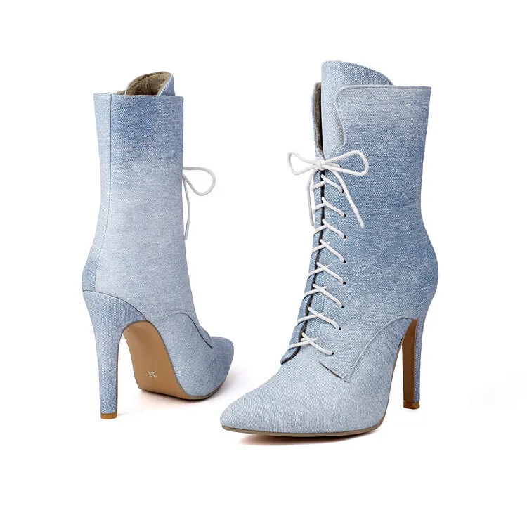 Women's Pointed Toe Lace-up High Heel Ankle Boots