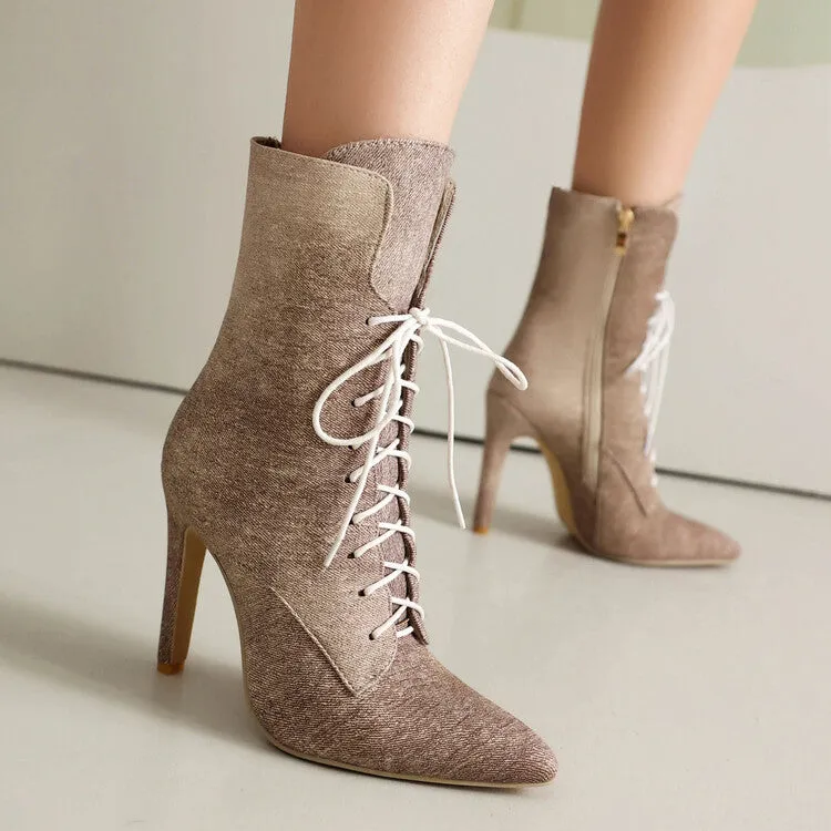 Women's Pointed Toe Lace-up High Heel Ankle Boots
