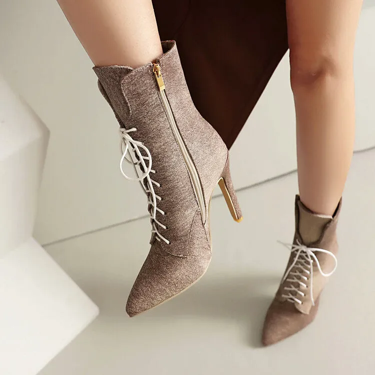 Women's Pointed Toe Lace-up High Heel Ankle Boots