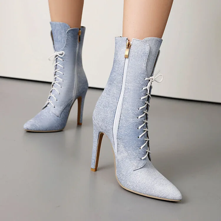 Women's Pointed Toe Lace-up High Heel Ankle Boots