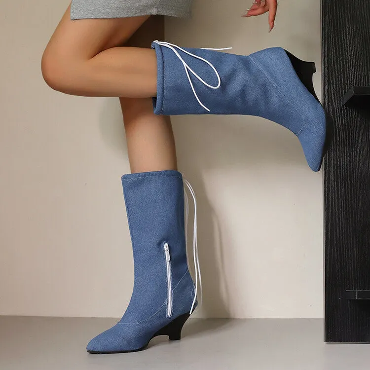 Women's Pointed Toe Low Heels Mid Calf Boots