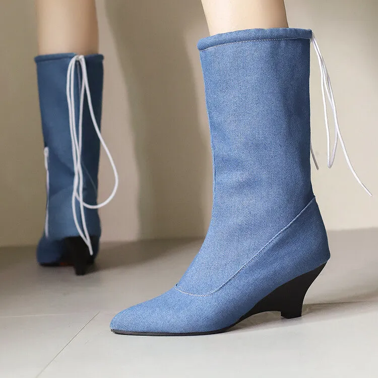 Women's Pointed Toe Low Heels Mid Calf Boots